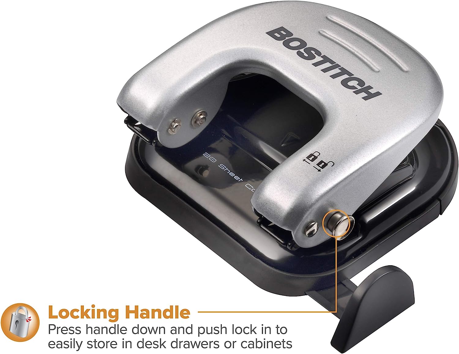Bostitch Office EZ Squeeze Reduced Effort 2-Hole Punch, 20 Sheets, Locking Handle, Silver (2310) - Image 3